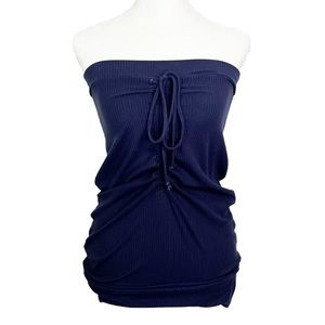 NWT Red Haute Revolve Ribbed Gathered Longline Center Tie Tube Top Navy Womens S